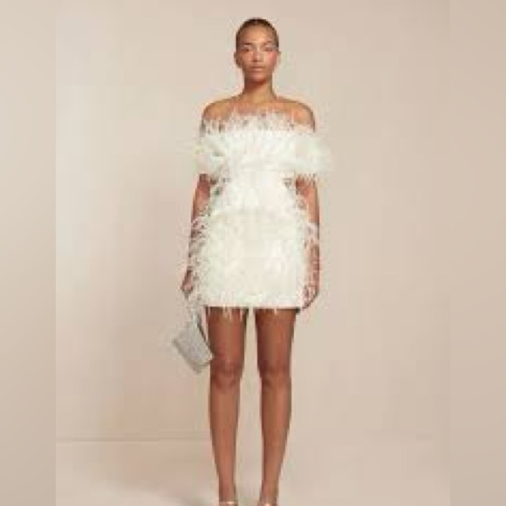 cult gaia White Feather Off-Shoulder Mini Dress